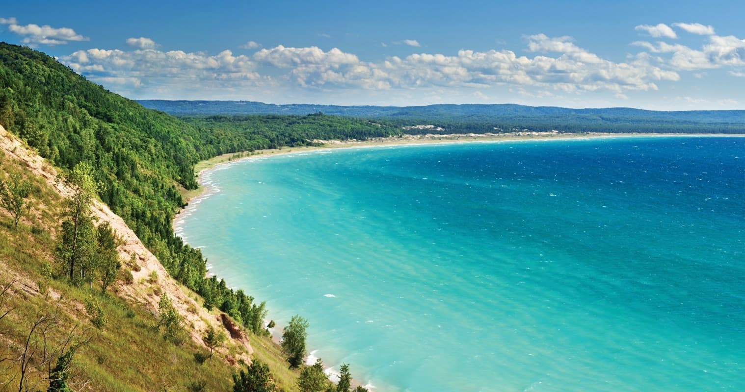 Sleeping Bear Dunes overlooking the turquoise water of Lake Michigan