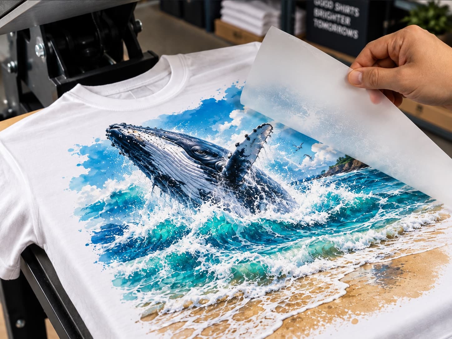 Film being peeled from a freshly pressed, full-color DTF transfer on a white tee